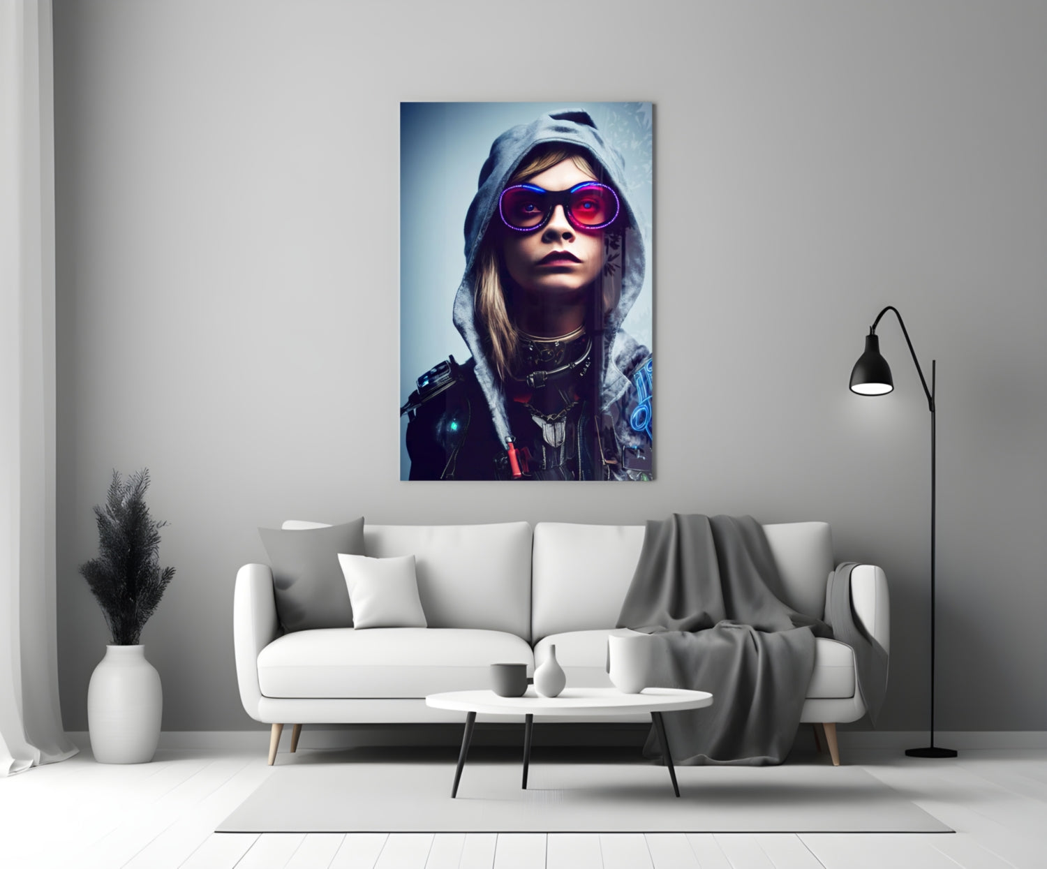Futuristic portrait artwork featuring a person wearing pink-tinted sunglasses and gray hood displayed above white sofa in modern living room.