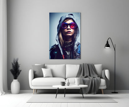 Futuristic portrait artwork featuring a person wearing pink-tinted sunglasses and gray hood displayed above white sofa in modern living room.