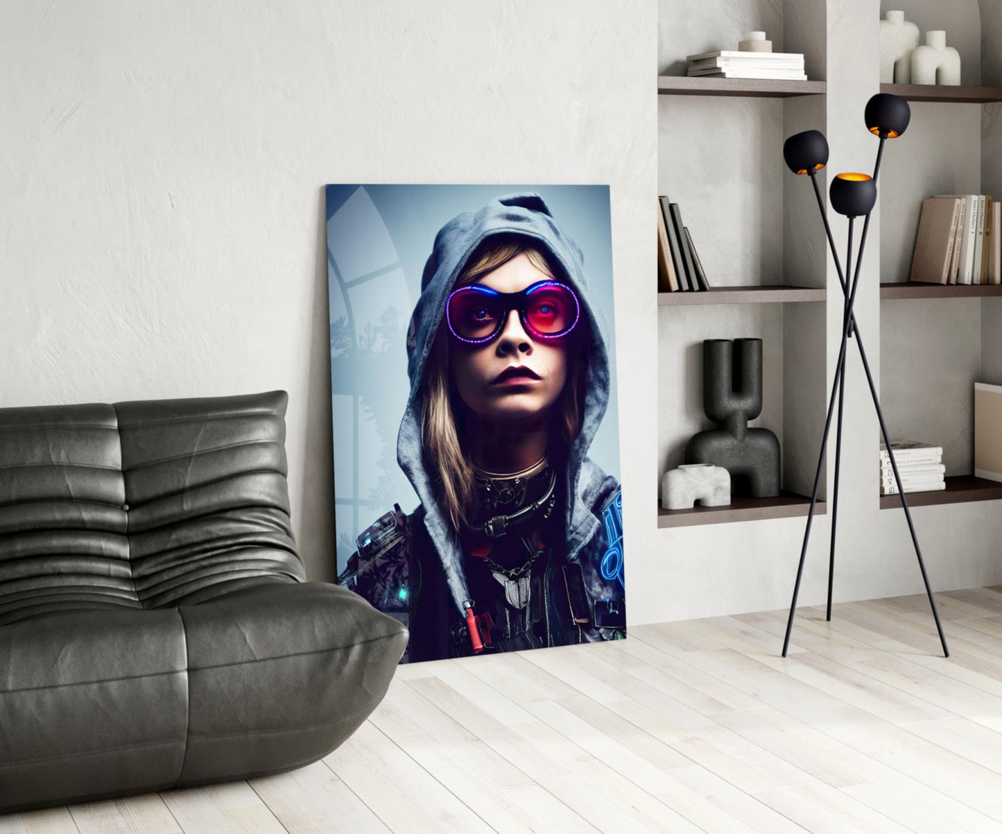 Vertical glass wall art depicting a woman wearing neon pink sunglasses and blue hoodie in a modern living room setting.