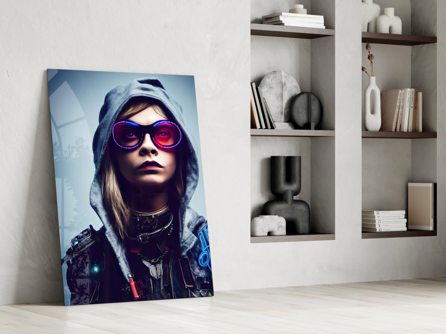 Futuristic portrait glass art leaning against white wall beside built-in shelving with decorative objects.