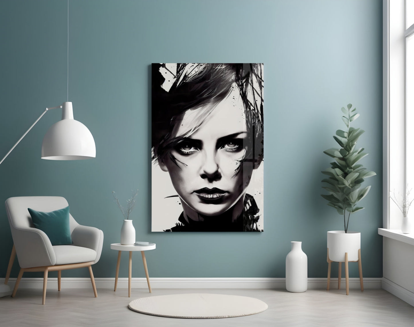 Black and white portrait artwork hanging on teal wall above white chair and potted plant in modern living room setting.