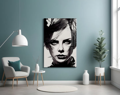 Black and white portrait artwork hanging on teal wall above white chair and potted plant in modern living room setting.