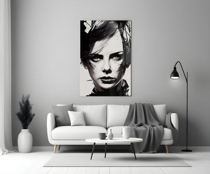 Black and white portrait glass wall art hanging above a white sofa in a minimalist living room setting.