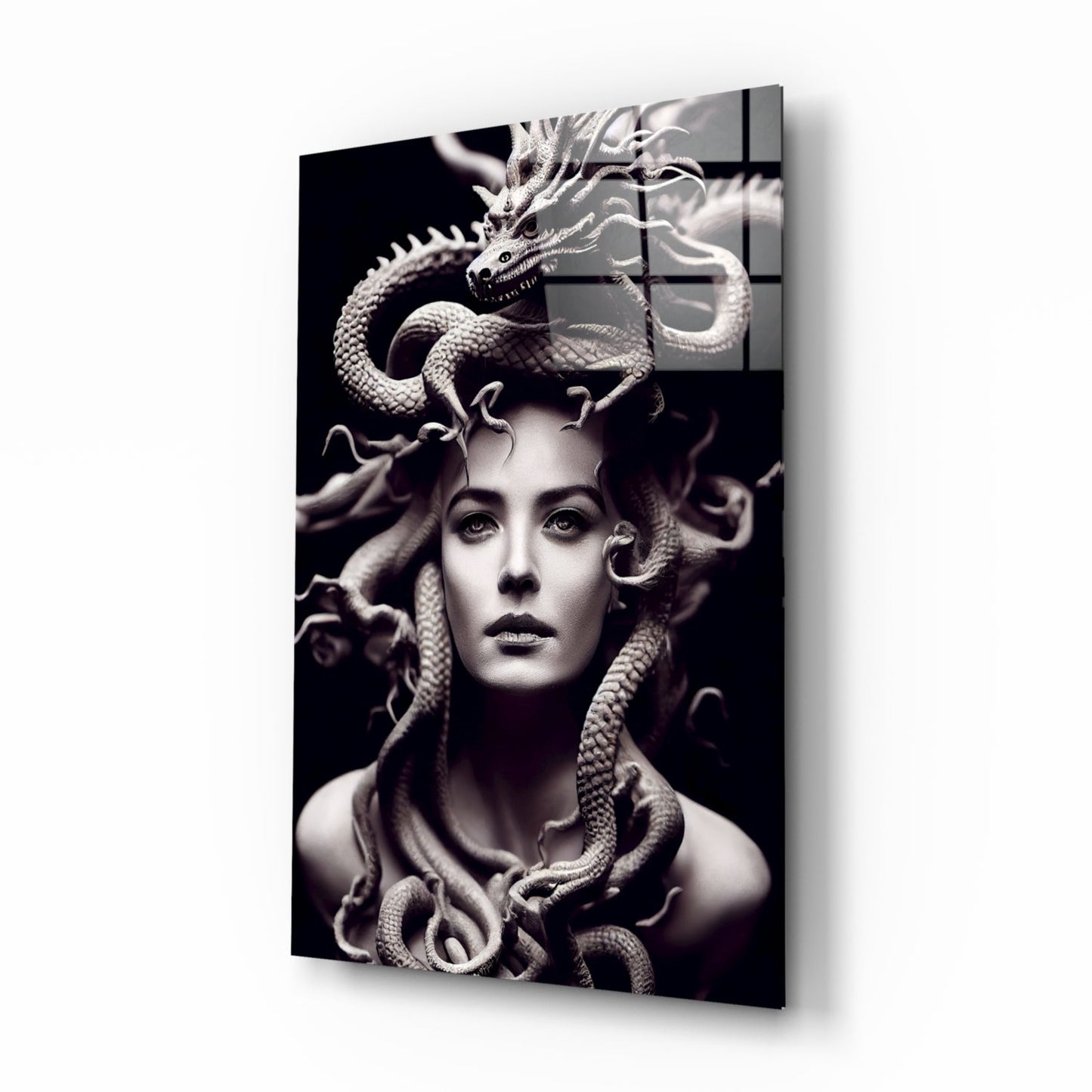 Black and white glass art panel depicting a woman's face surrounded by intricately detailed snakes, displayed at an angle.