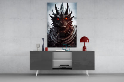 The Beast Glass Wall Art displayed on a gray modern sideboard with red decorative accessories and white legs against a light wall.