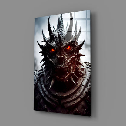 Dark demonic creature with glowing red eyes and spikes displayed on glass wall art panel against gray background.