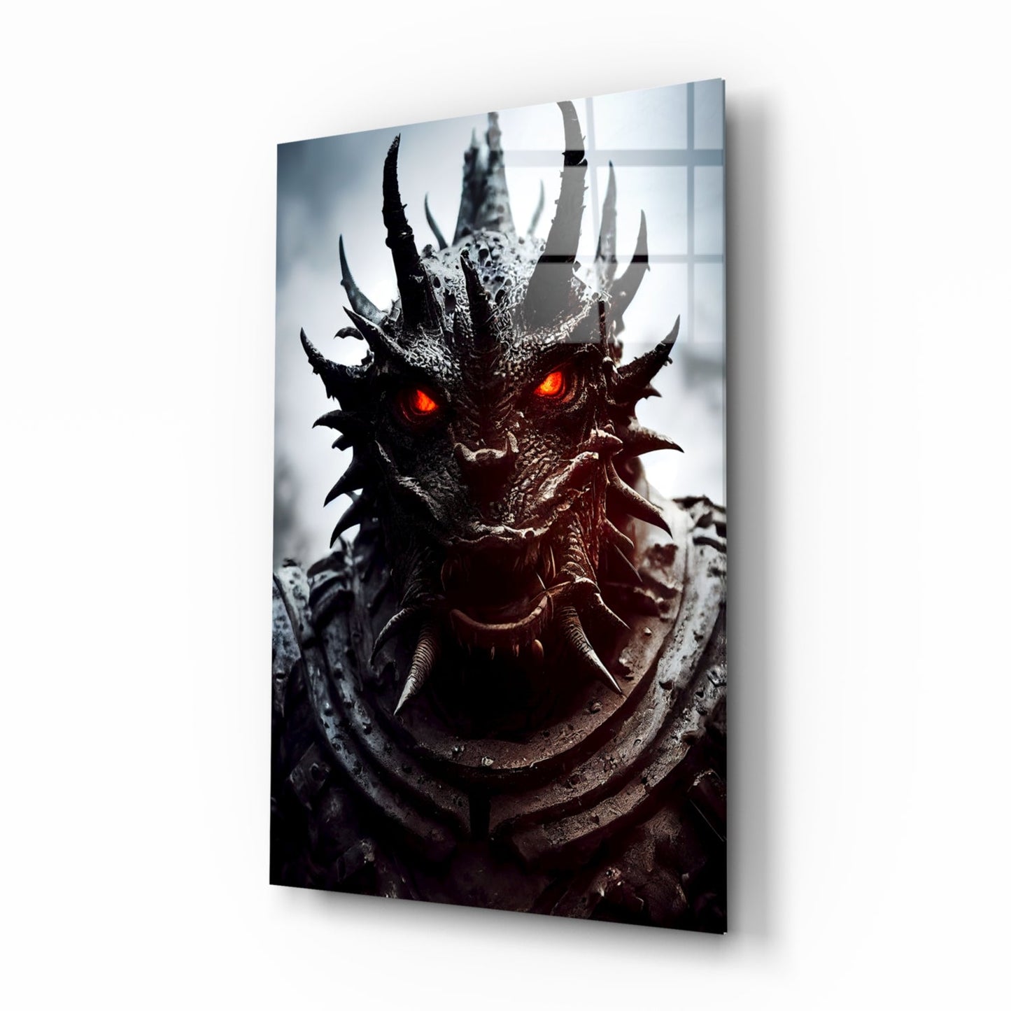 Glass wall art panel displaying a dark demonic creature with glowing red eyes and textured spikes, angled perspective view.