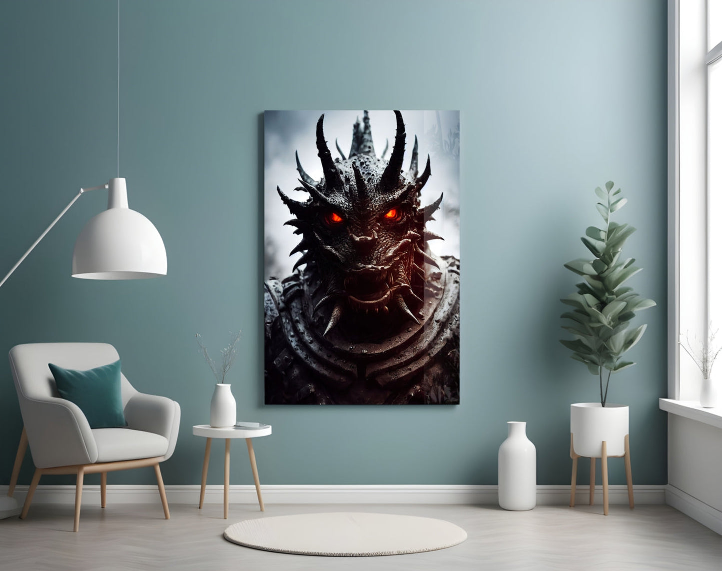 Beast Glass Wall Art depicting a dark dragon head with glowing red eyes displayed in a minimalist turquoise room setting.