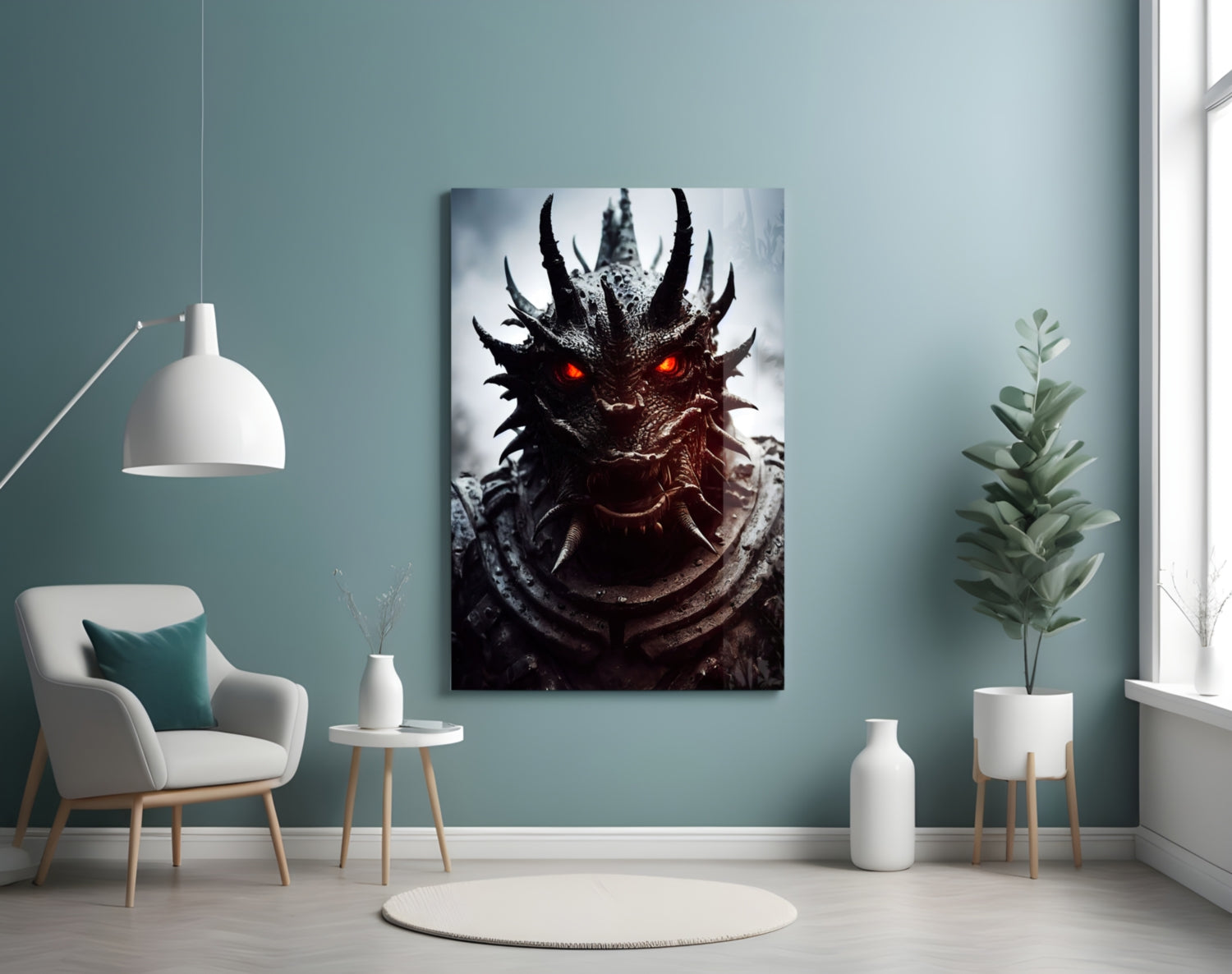 Beast Glass Wall Art depicting a dark dragon head with glowing red eyes displayed in a minimalist turquoise room setting.