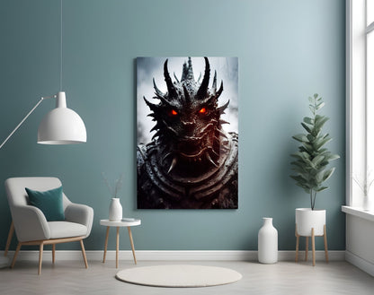 Beast Glass Wall Art depicting a dark dragon head with glowing red eyes displayed in a minimalist turquoise room setting.