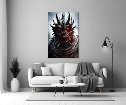 Dark dragon head with glowing red eyes displayed as glass wall art above a white sofa in a modern living room.
