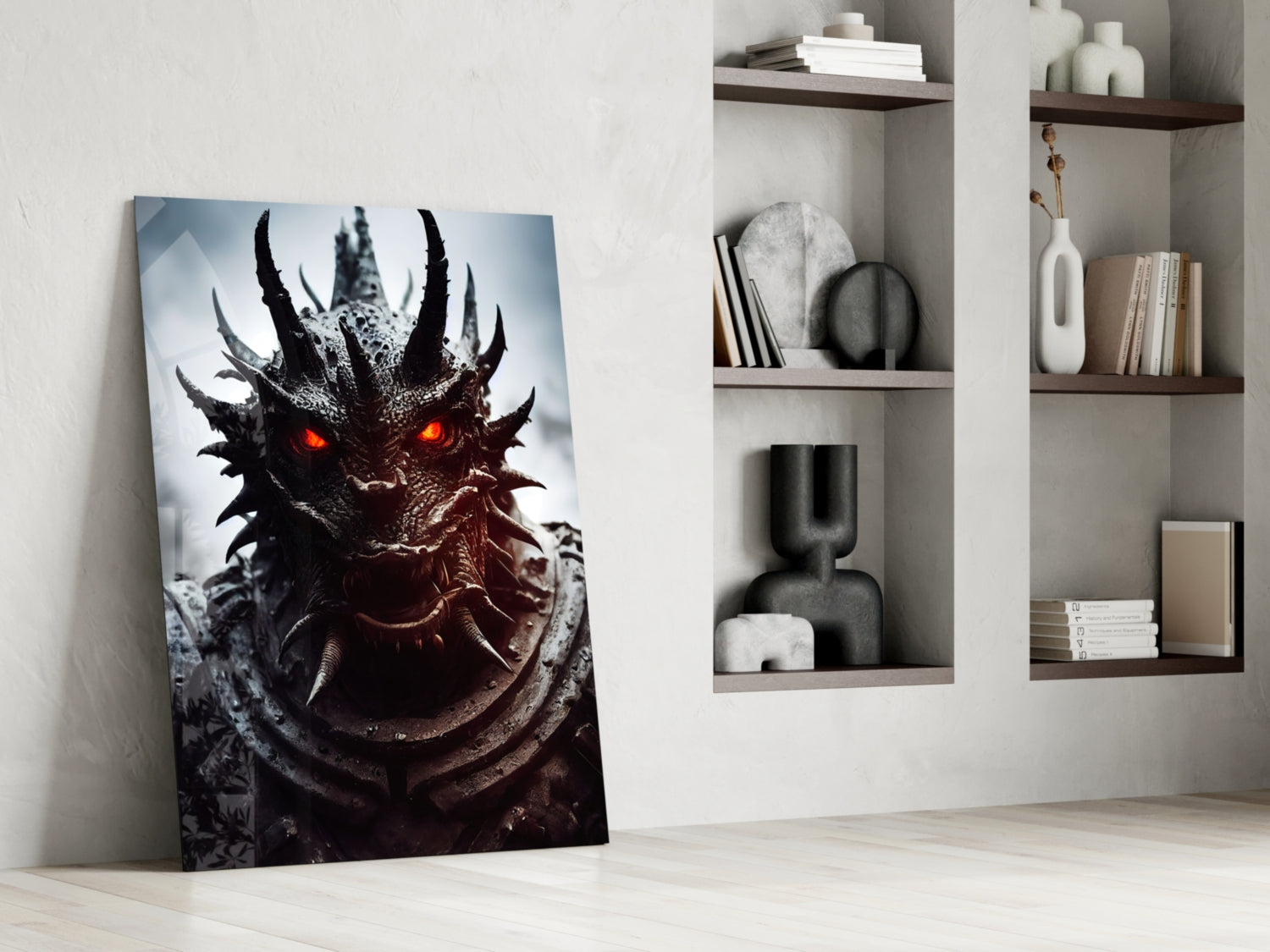 Dark dragon portrait with glowing red eyes leaning against white wall beside wooden floating shelves with decorative objects.