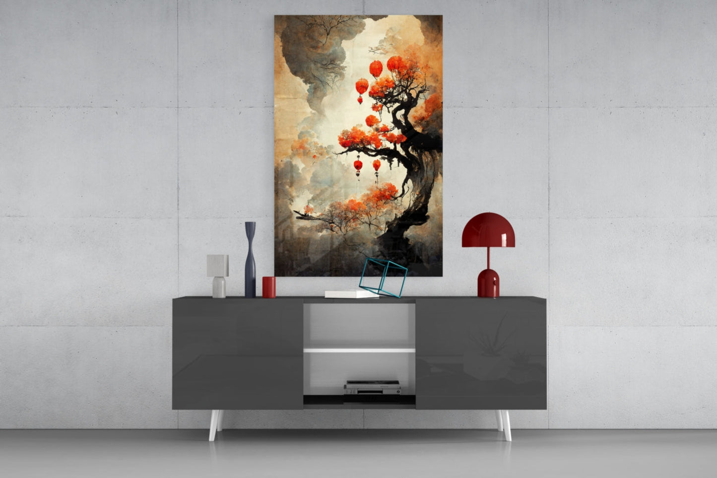 Tree of Hope glass art displayed above a gray media console, featuring a silhouetted tree with red lanterns and warm sepia tones.