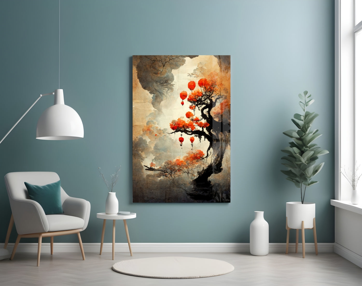 Tree of Hope Glass Art displayed on turquoise wall above white chair in minimalist room setting.