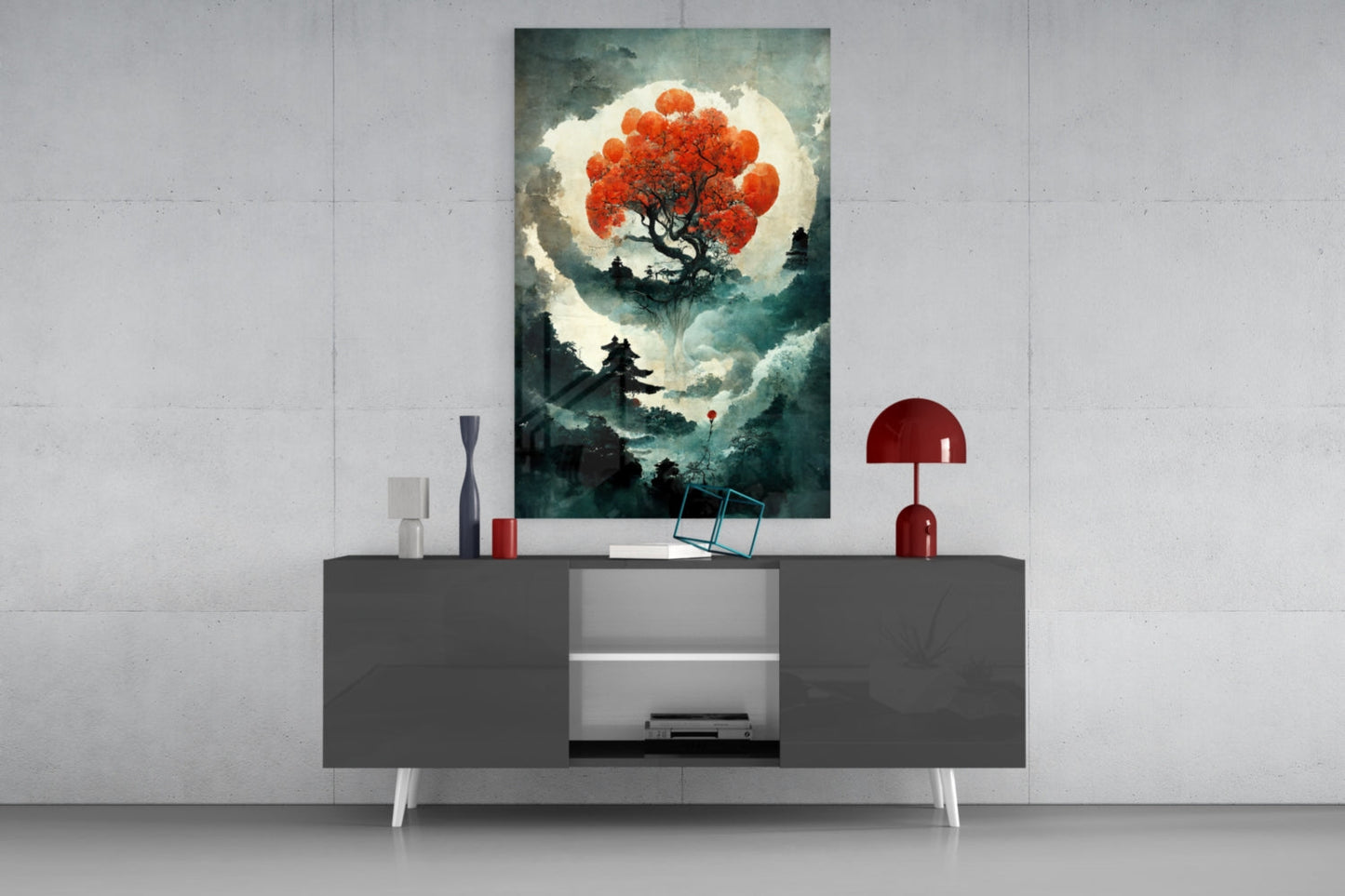 Tree of Life glass art displayed on gray media console, featuring red tree against moonlit landscape with silhouetted figures below.