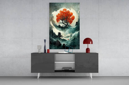 Tree of Life glass art displayed on gray media console, featuring red tree against moonlit landscape with silhouetted figures below.