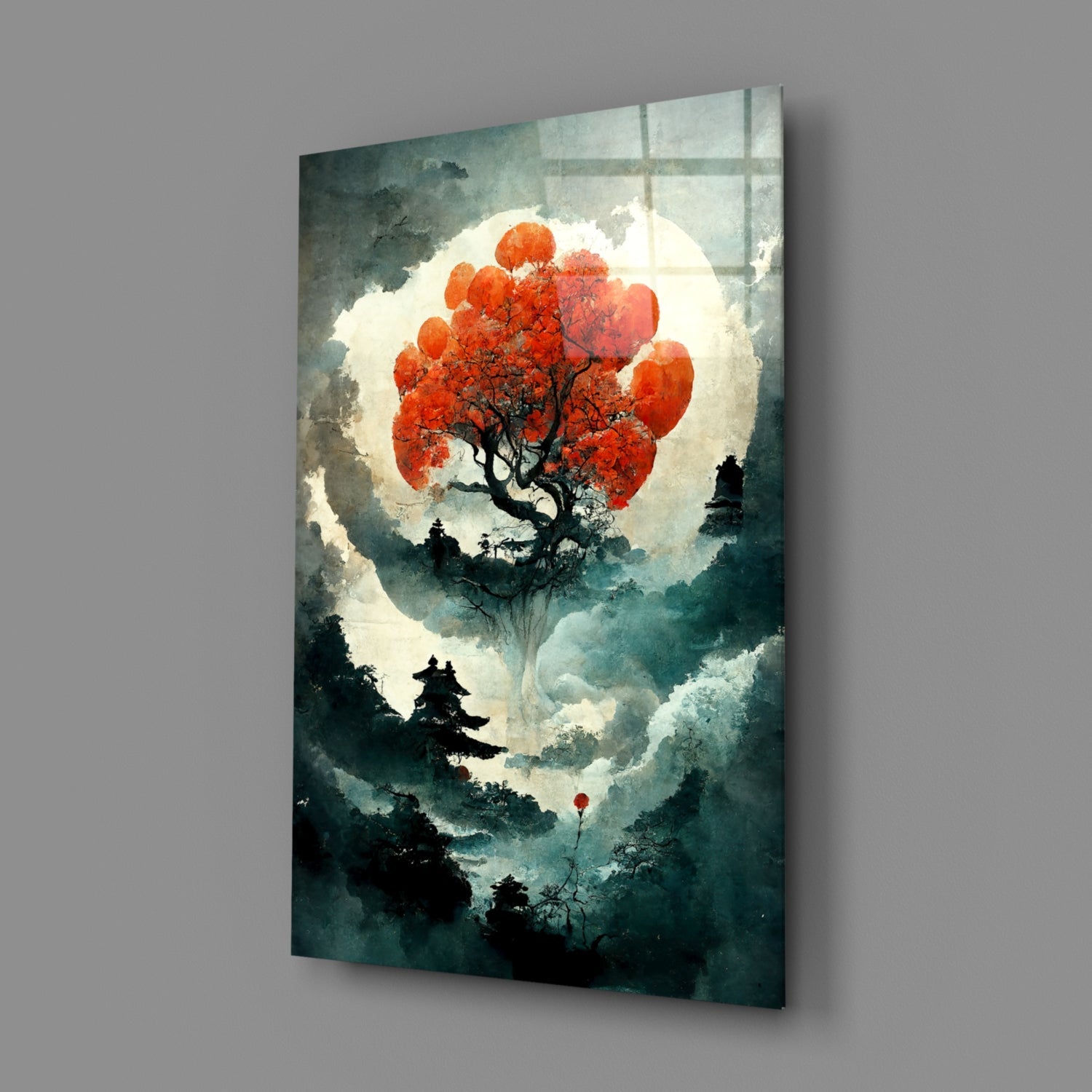 Glass art canvas displaying a red tree silhouette against a large moon, surrounded by misty teal landscape and small red balloon.