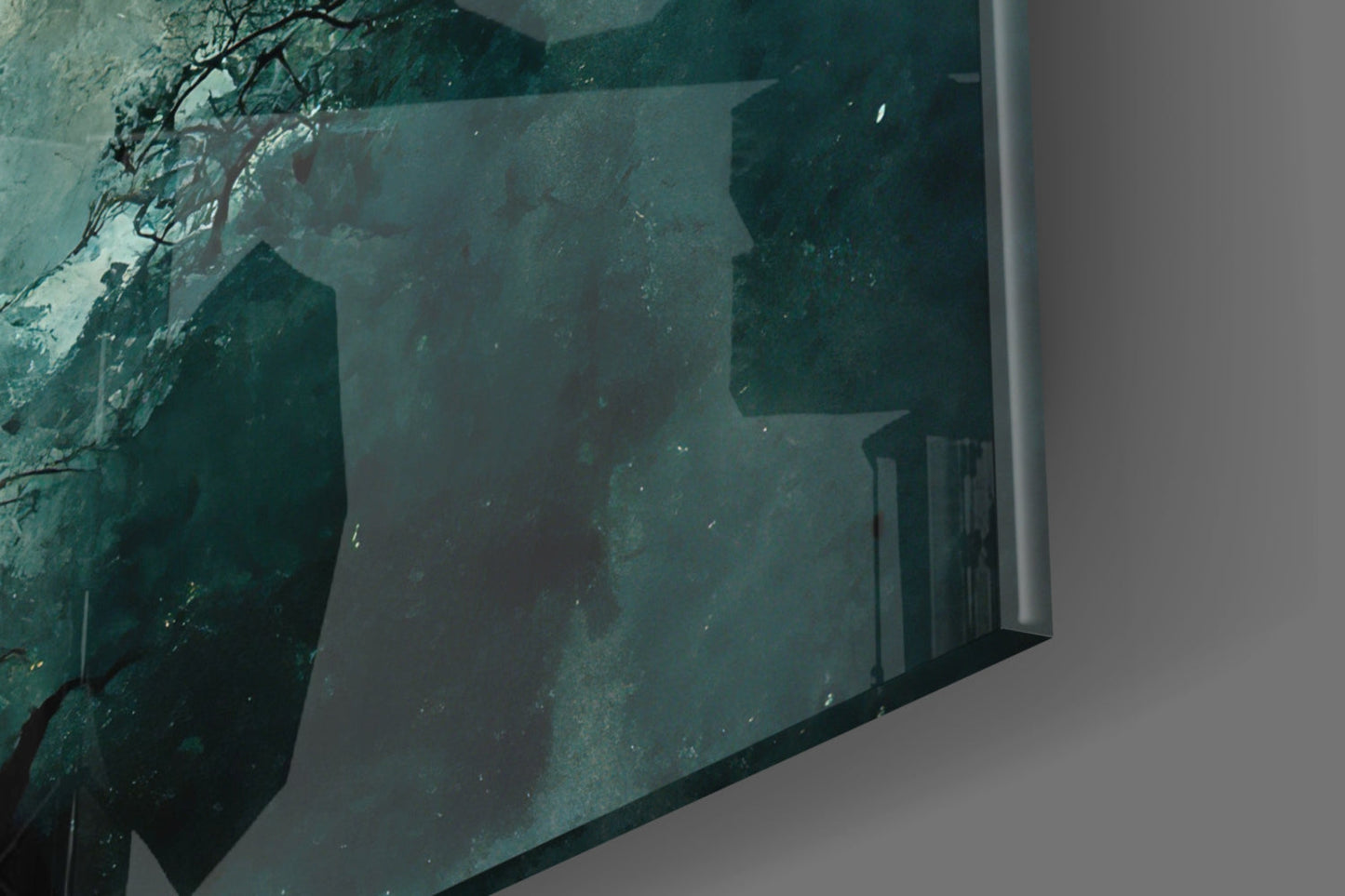 Close-up detail of Tree of Life glass art showing etched teal-green design with gnarled tree branches and architectural elements against frosted glass.