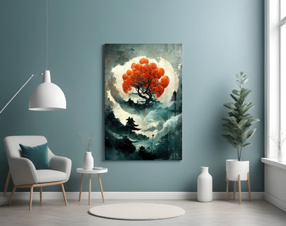 Tree of Life glass art depicting a red-leafed tree within a glowing moon circle, displayed on a teal wall above a white armchair.