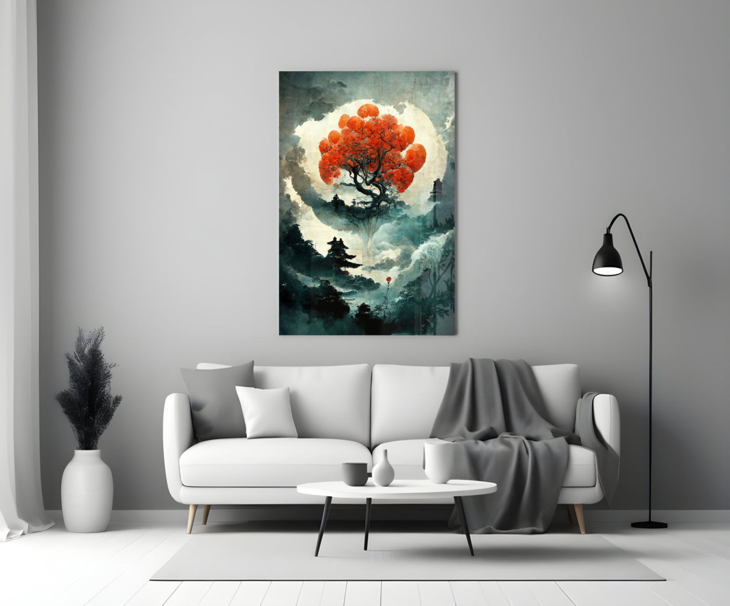 Tree of Life glass art with red foliage and moon backdrop displayed above white sofa in modern living room setting.