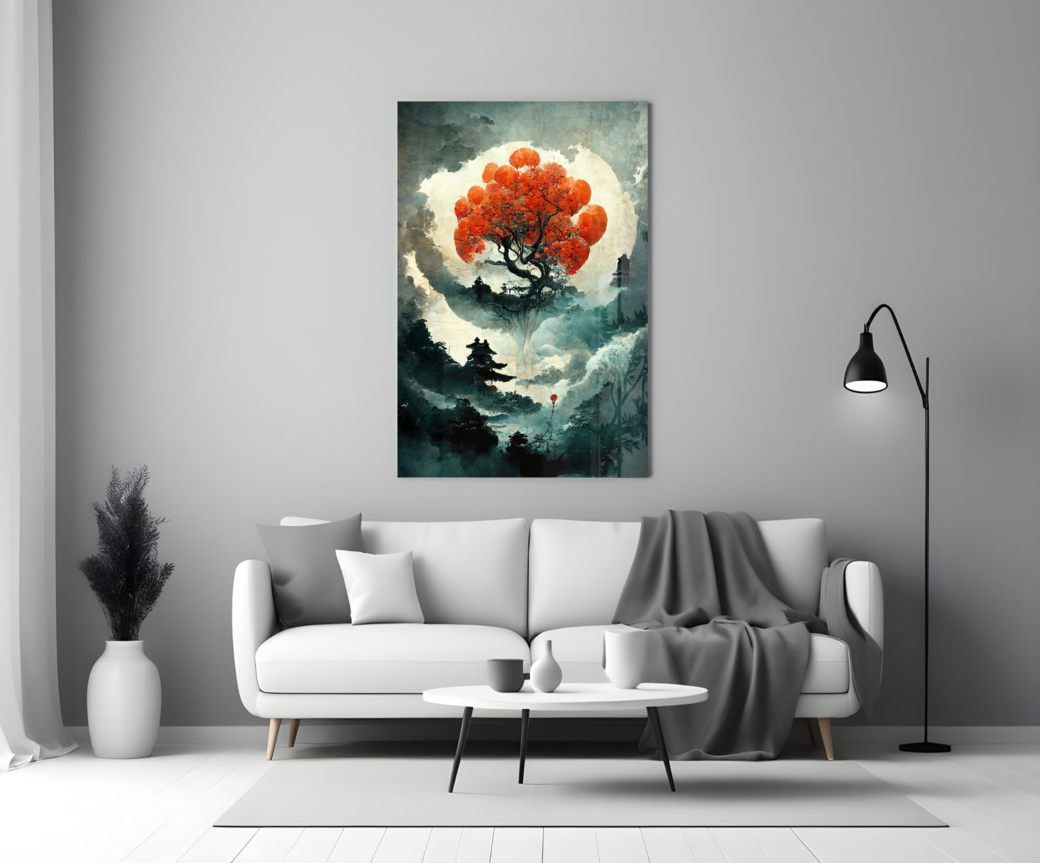 Tree of Life glass art with red foliage and moon backdrop displayed above white sofa in modern living room setting.