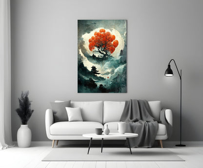 Tree of Life glass art with red foliage and moon backdrop displayed above white sofa in modern living room setting.