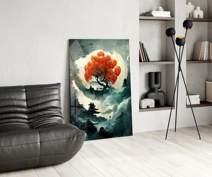 Tree of Life Glass Art displayed leaning against wall in modern living room with gray sofa, black floor lamp, and floating shelves.