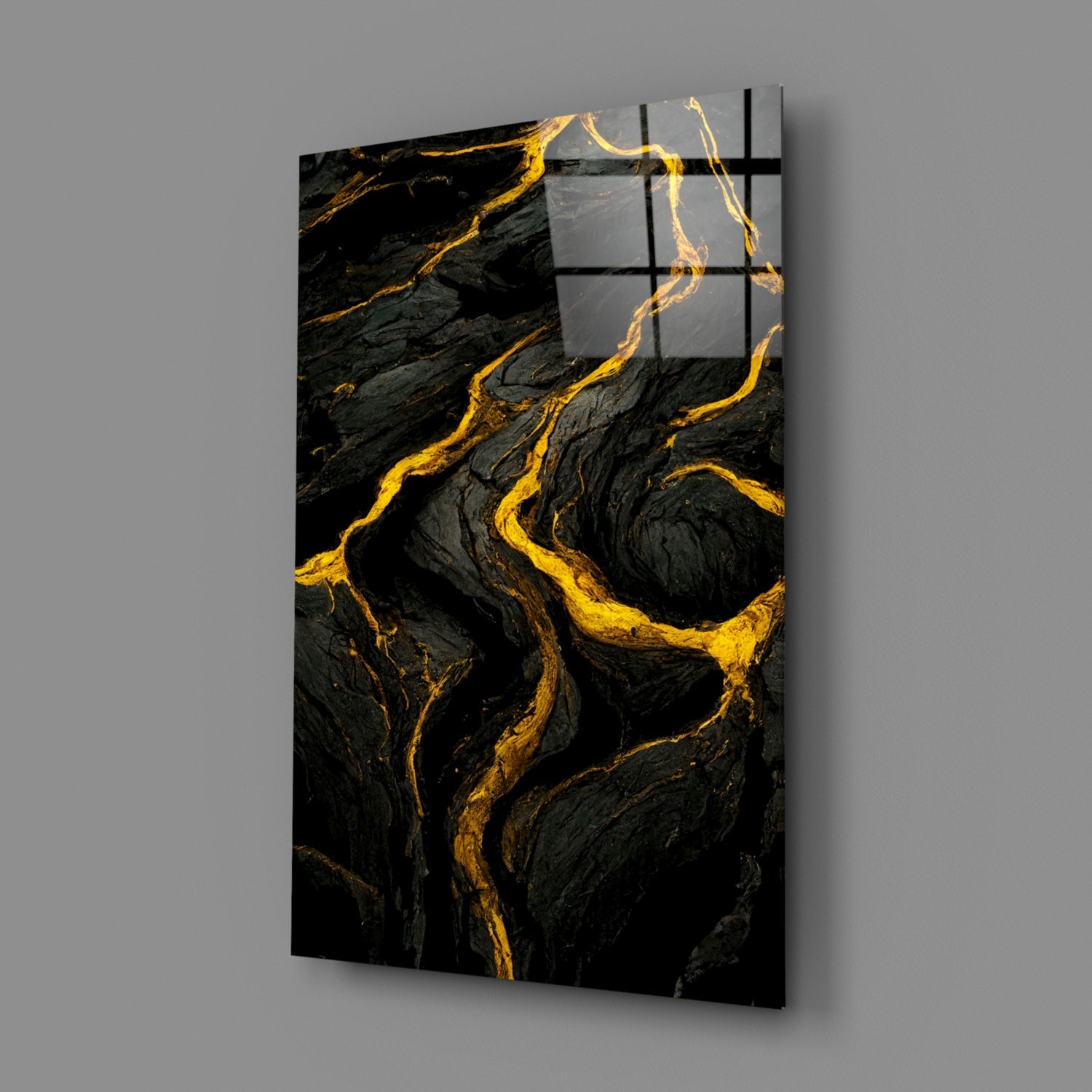 Black marble with gold veining displayed at an angle, featuring an overlaid geometric grid pattern in gray and black.