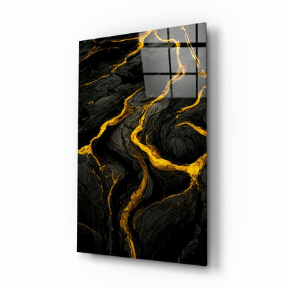 Black marble slit glass art panel with gold veining, displayed at an angle showing depth and shadow.
