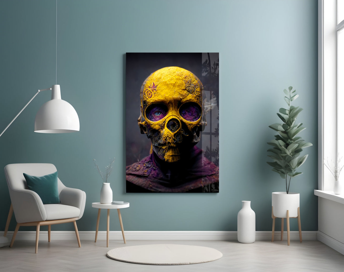 Yellow Skull In Purple Hooded Robe Glass Wall Art