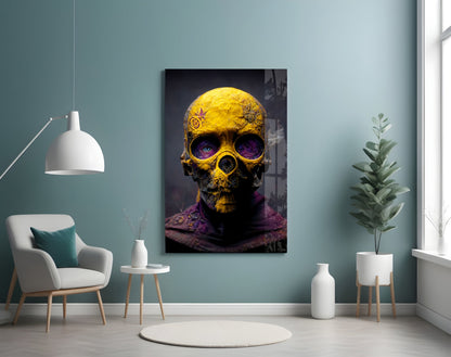 Yellow Skull In Purple Hooded Robe Glass Wall Art