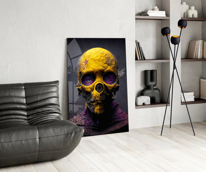 Yellow Skull In Purple Hooded Robe Glass Wall Art
