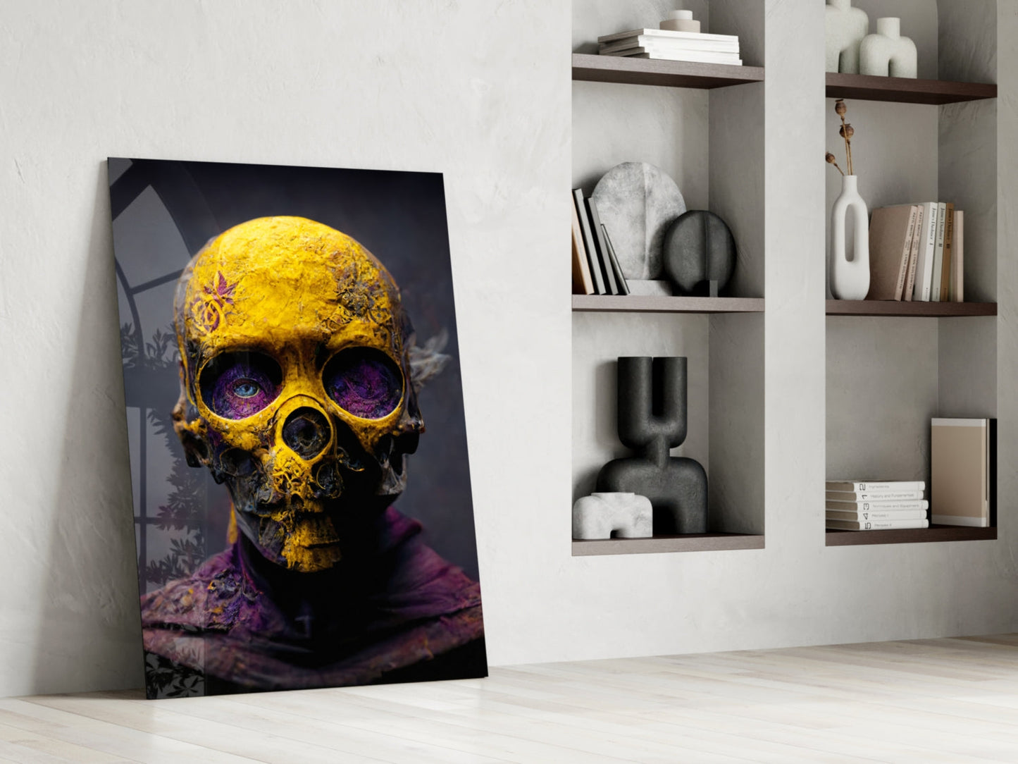 Yellow Skull In Purple Hooded Robe Glass Wall Art