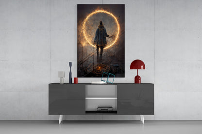 Circle Glass Wall Art mounted above gray console table with red lamp and decorative objects, showing figure in cloak before glowing golden circle.
