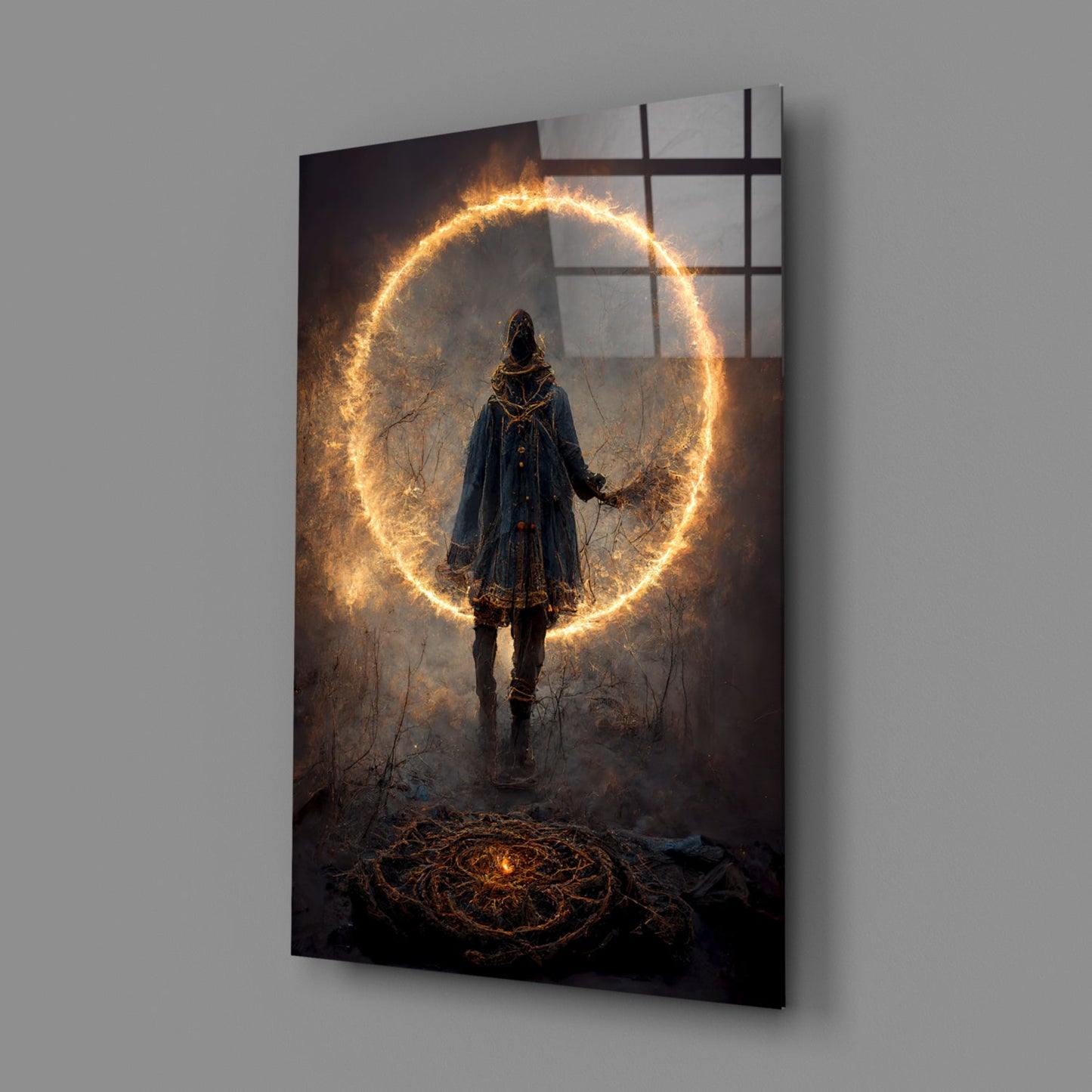 Angled view of glass wall art showing a robed figure standing before a glowing golden circle against a dark, misty background.