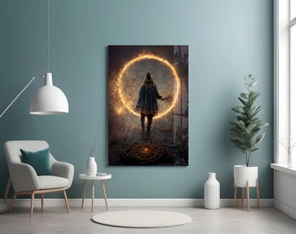 Circle Glass Wall Art featuring a figure in dark clothing standing before a glowing golden circular portal in a mystical forest setting.