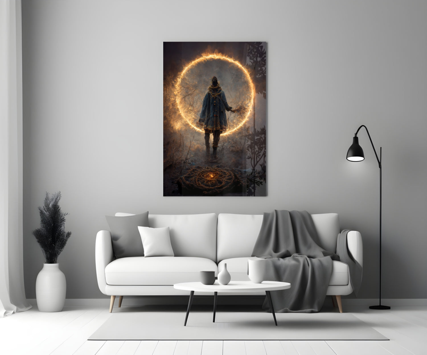 Circle Glass Wall Art displayed above a white sofa in a modern living room with minimalist decor.
