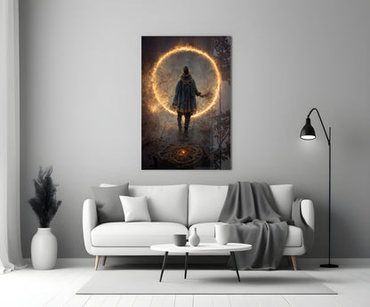 Circle Glass Wall Art displayed above a white sofa in a modern living room with minimalist decor.