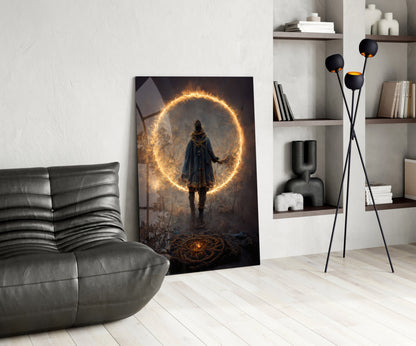 Glowing circular wall art showing a hooded figure facing an illuminated golden ring portal, leaning against a gray leather chair in a modern living room setting.