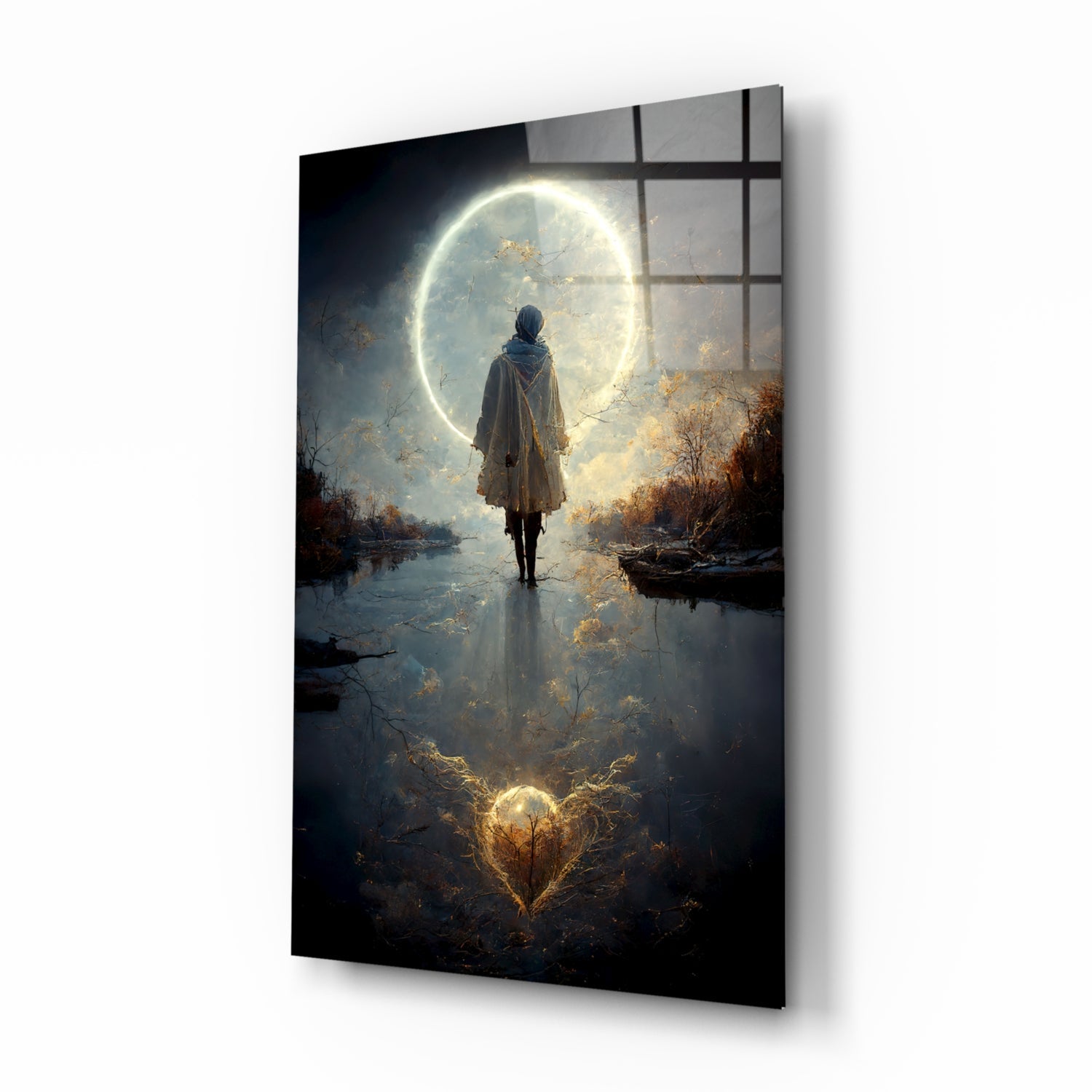Solitary figure in hooded coat standing in shallow water facing enormous glowing moon, autumn trees reflected below, glass wall art displayed at angle.