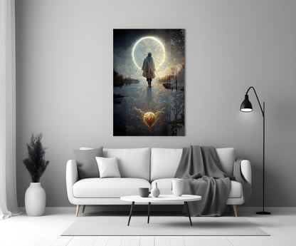 Modern living room with white sofa displaying glowing moon and figure glass wall art above coffee table.