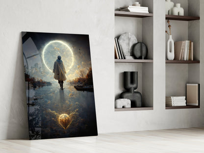 Tranquility Glass Wall Art leaning against white wall beside built-in shelving with decorative objects and books.