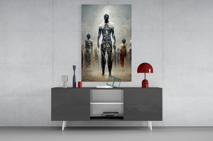 Misty Blue Ethereal Walking Figures Glass Wall Art