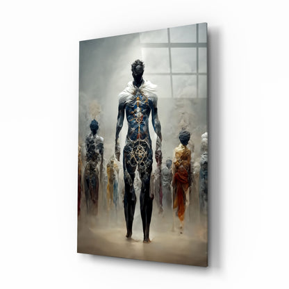 Misty Blue Ethereal Walking Figures Glass Wall Art