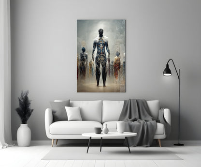 Misty Blue Ethereal Walking Figures Glass Wall Art