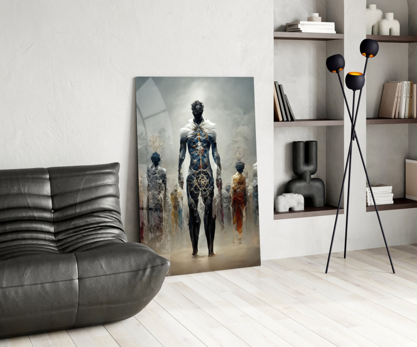 Misty Blue Ethereal Walking Figures Glass Wall Art