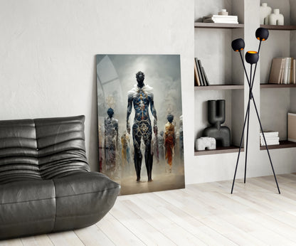 Misty Blue Ethereal Walking Figures Glass Wall Art