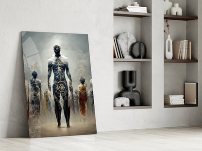 Misty Blue Ethereal Walking Figures Glass Wall Art