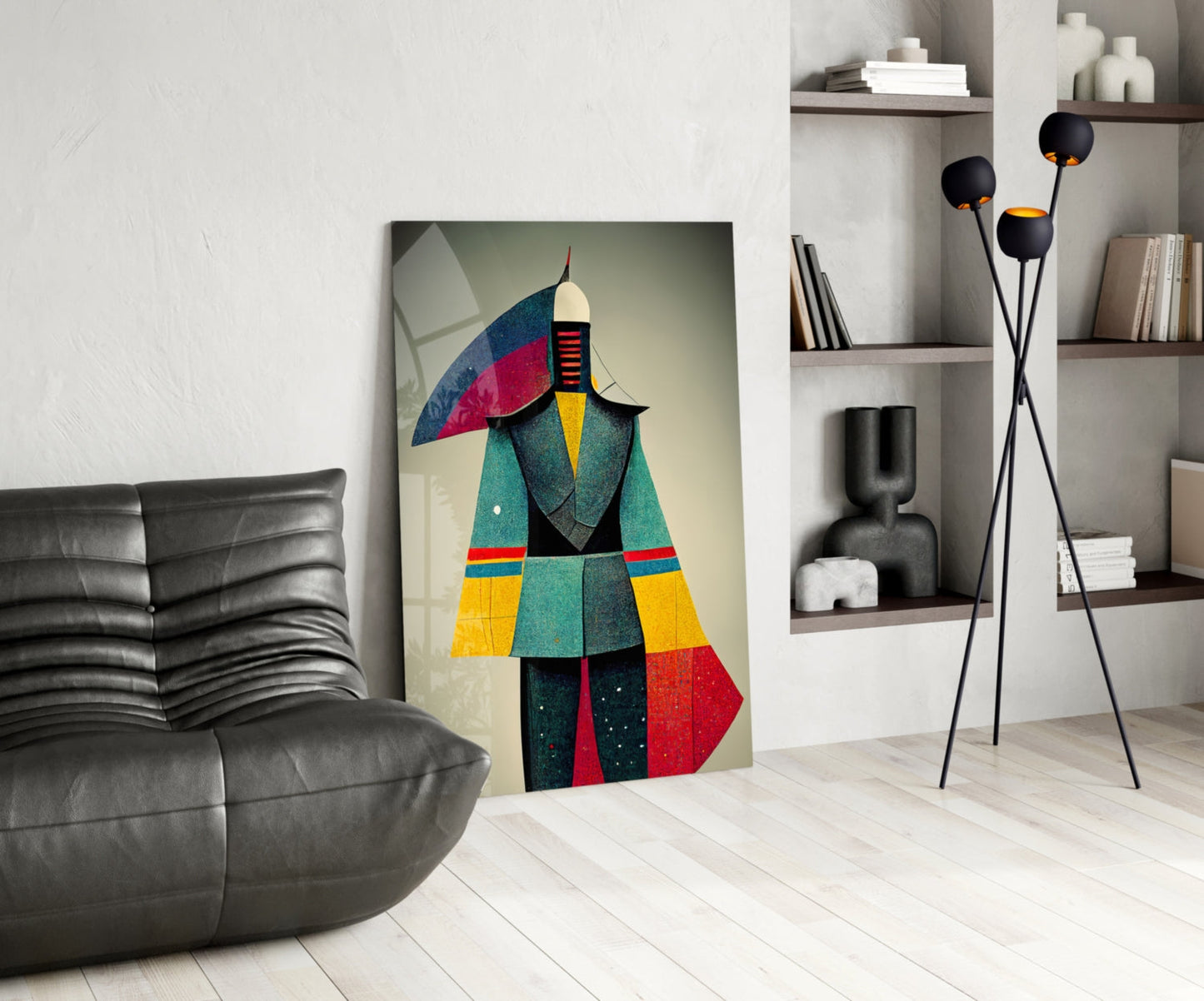 Colorful geometric glass art depicting an abstract figure in teal, red, yellow, and black displayed in a modern living room interior.