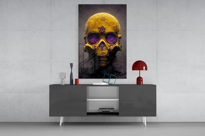 Yellow Skull With Purple Eyes Glass Wall Art